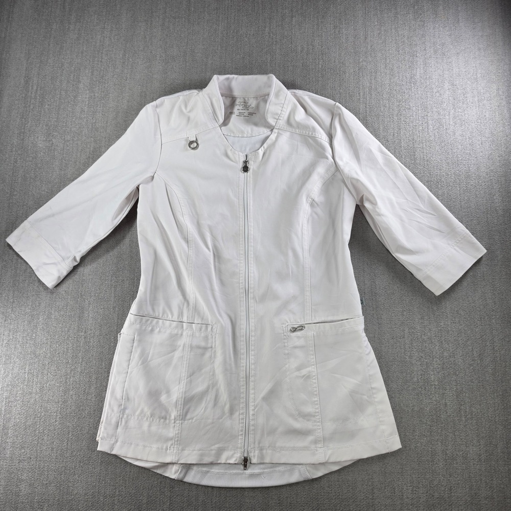 Cherokee Infinity Scrub Jacket Womens XS White Zip Front 3/4 Sleeve Rib Trim
